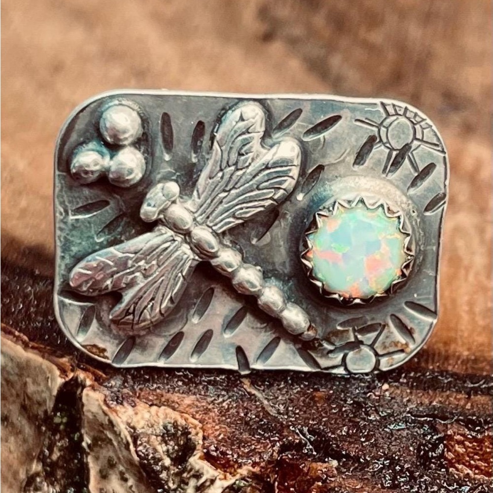 Jody Waltman Dragonfly Ring in Sterling Silver, Opal Accent, Artisan Jewelry be